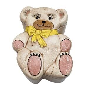 Vintage 1984 Duncan Enterprises Hand Painted Ceramic Bear Yellow Bow Trinket Box
